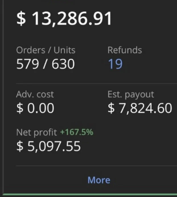 Amazon satıcı paneli: 13.286,91 dolar satış, 579 sipariş, 5.097,55 dolar net kâr