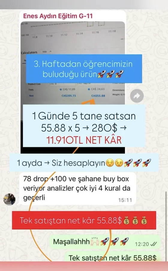 Öğrenci mesajı: Tek satıştan net kâr $55,88