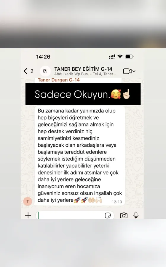 Öğrenci mesajı: Taner Bey · G-14 dönemi